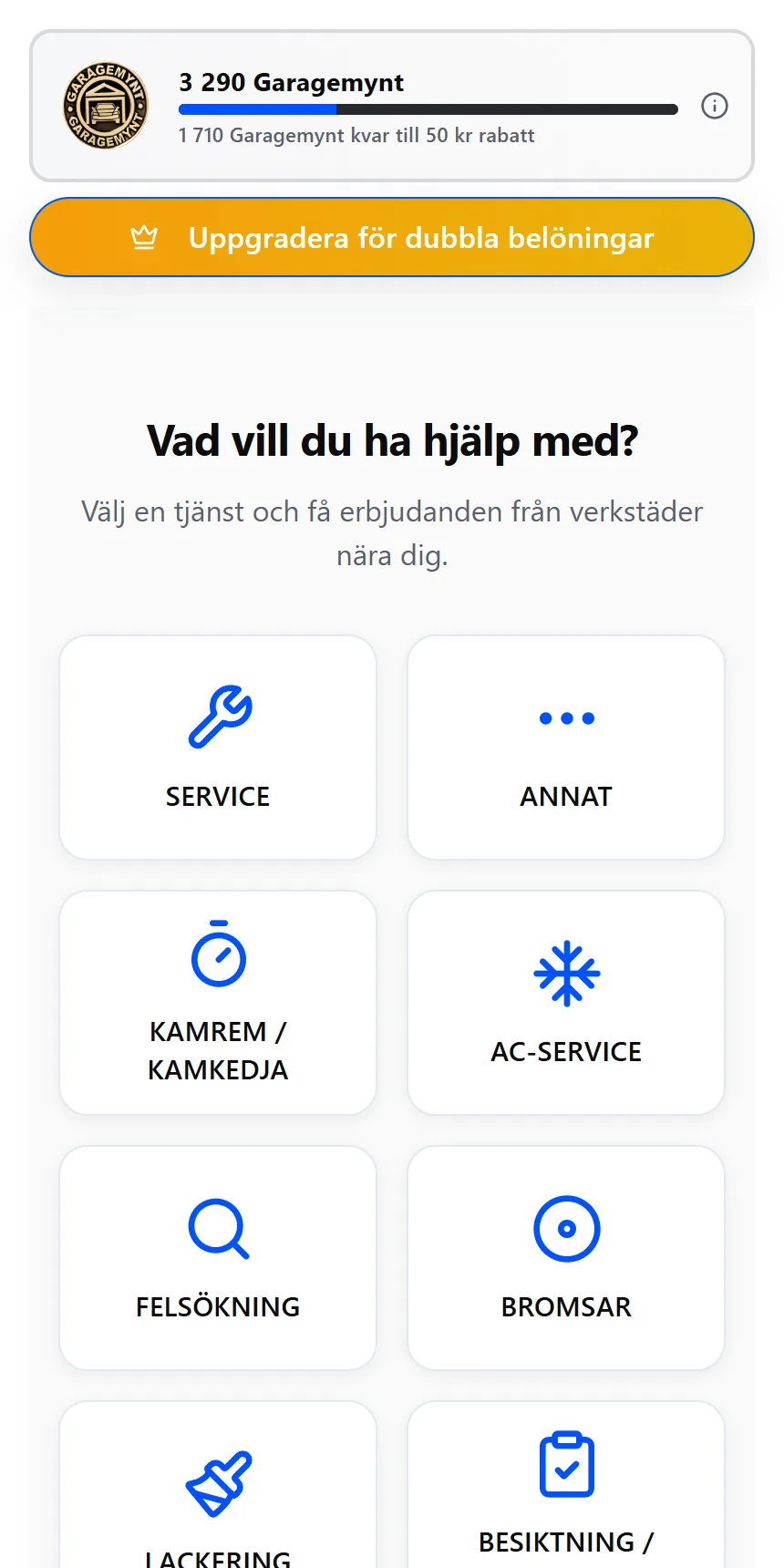 Garagemynt-mätaren på startsidan med saldo och hur långt det är till nästa rabattnivå.