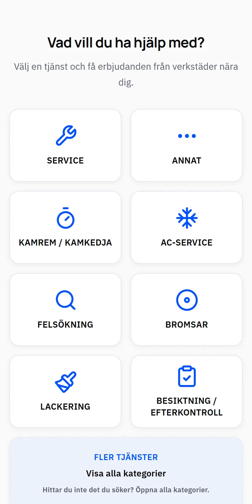 Startsidan med rutorna Service, Annat, Kamrem, AC-service, Bromsar och Felsökning.