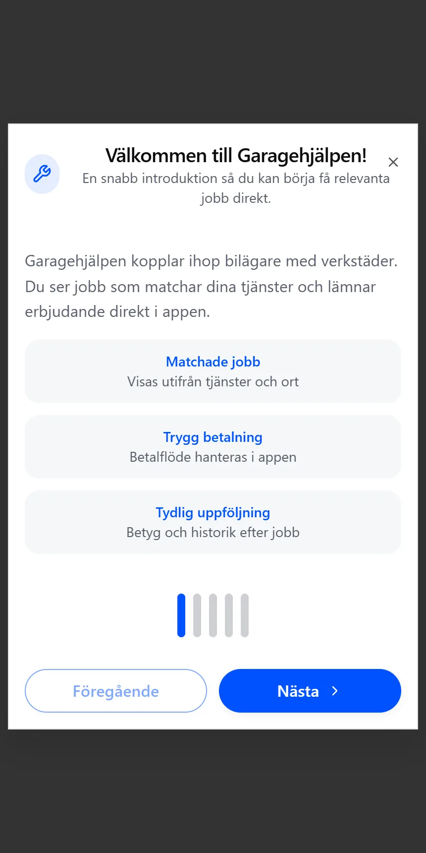 Introduktionsrutan i appen: matchade jobb, trygg betalning och tydlig uppföljning.