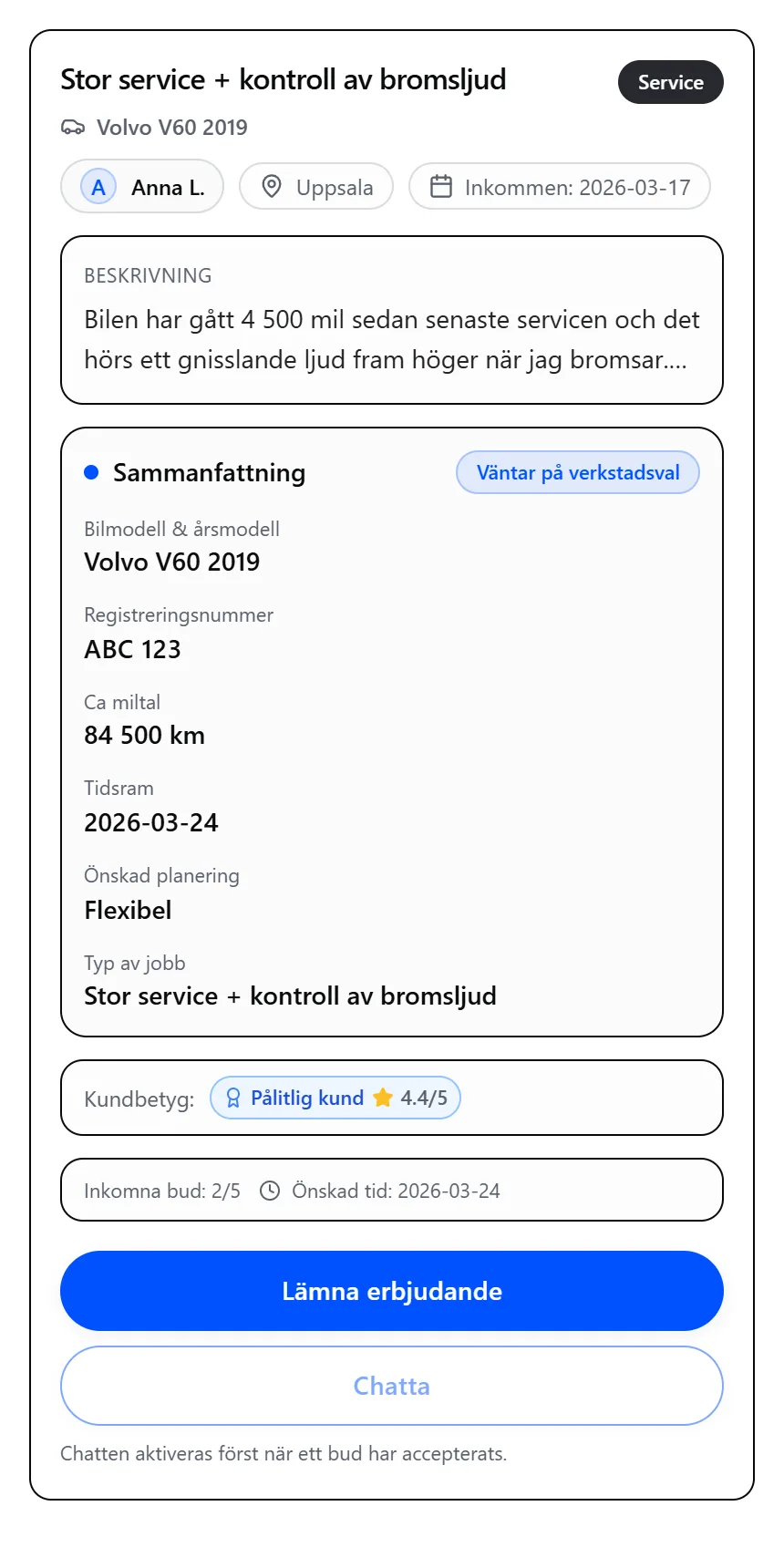 Ett öppet jobb med bil, miltal, ort, kundbetyg och knappen ”Lämna erbjudande”.