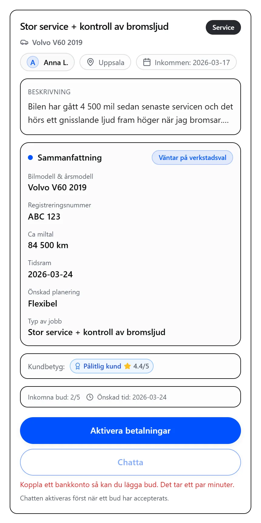 Ett jobbkort där budknappen i stället säger ”Aktivera betalningar”.